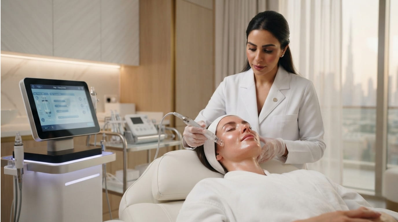 HydraFacial machine performing treatment in Dubai clinic